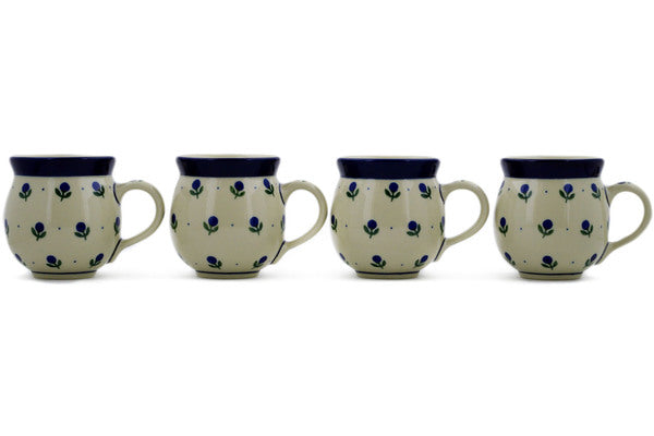 Polish Pottery Set of Four 12 oz Bubble Mugs Blue Buds