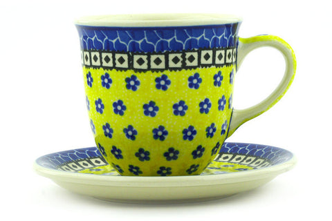 Polish Pottery 10 oz Cup with Saucer Sunburst Daisies