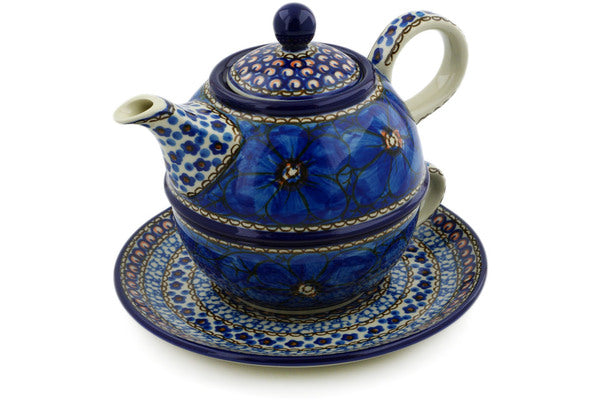 Polish Pottery 22 oz Tea Set for One Cobalt Poppies UNIKAT