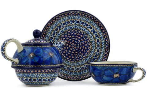 Polish Pottery 22 oz Tea Set for One Cobalt Poppies UNIKAT