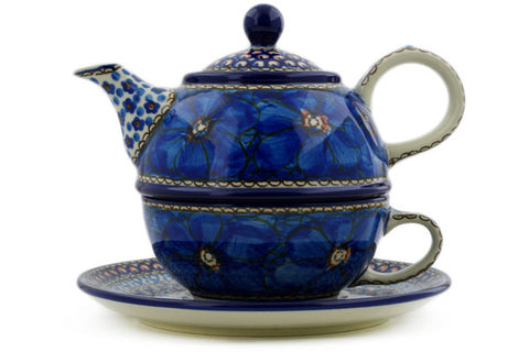 Polish Pottery 22 oz Tea Set for One Cobalt Poppies UNIKAT