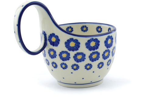 Polish Pottery 16 oz Bowl with Loop Handle Blue Zinnia
