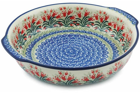 Polish Pottery 10¼-inch Round Baker with Handles Crimson Bells