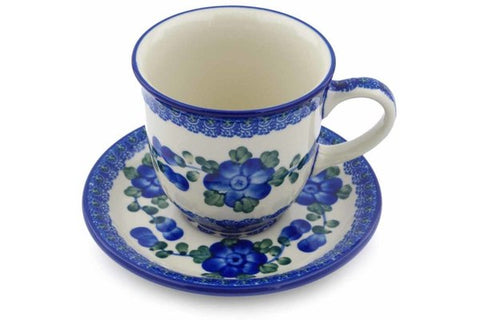 Polish Pottery 10 oz Cup with Saucer Blue Poppies