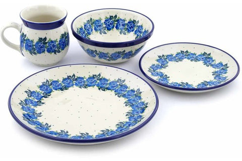 Polish Pottery 4-Piece Place Setting Blue Rose
