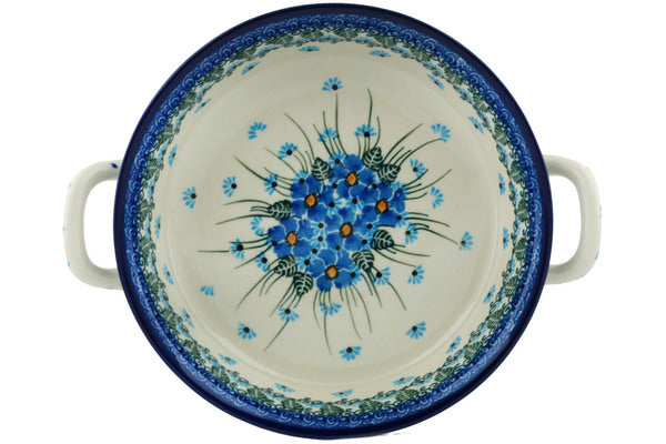 Polish Pottery Medium Round Baker with Handles Forget Me Not UNIKAT
