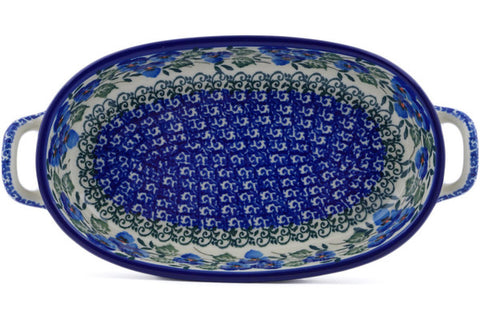 Polish Pottery 8-inch Oval Baker with Handles Blue Pansy