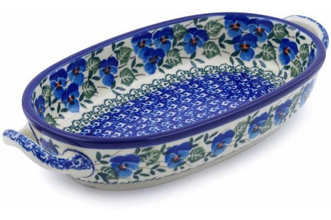Polish Pottery 8-inch Oval Baker with Handles Blue Pansy