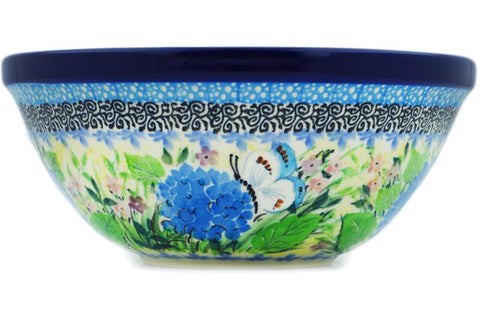 Polish Pottery Cereal Bowl Blue Hydrangea UNIKAT