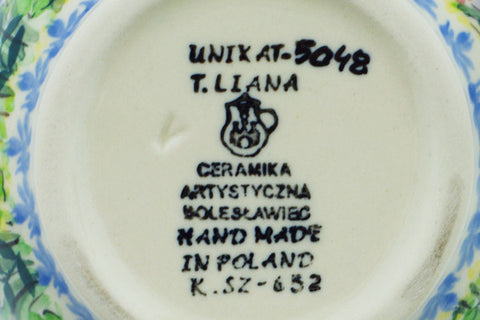 Polish Pottery 16 oz Bowl with Loop Handle Blue Hydrangea UNIKAT