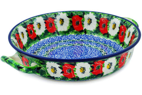 Polish Pottery Medium Round Baker with Handles Poppy Beauty UNIKAT