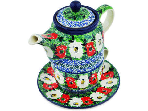 Polish Pottery 17 oz Tea Set for One Poppy Beauty UNIKAT