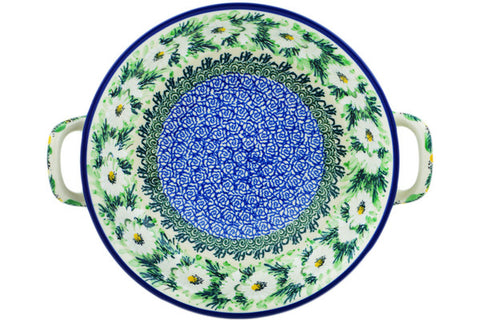 Polish Pottery Medium Round Baker with Handles Polish Daisies UNIKAT