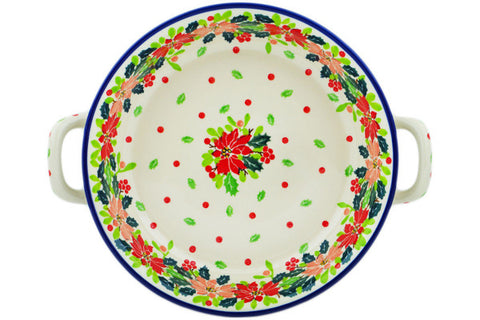 Polish Pottery Medium Round Baker with Handles Christmas Flower UNIKAT
