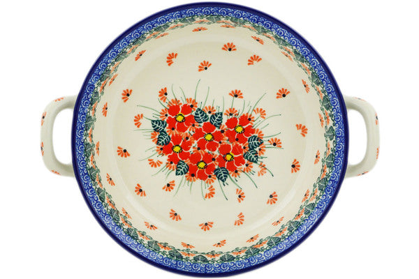 Polish Pottery Medium Round Baker with Handles Pink Forget Me Not UNIKAT