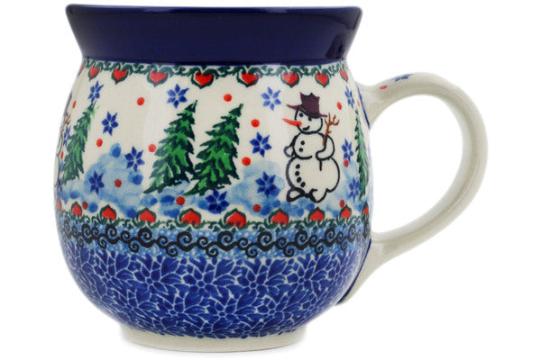 Polish Pottery 16 oz Bubble Mug Dancing Snowman UNIKAT