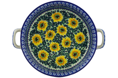 Polish Pottery Medium Round Baker with Handles Yellow Sunflowers UNIKAT