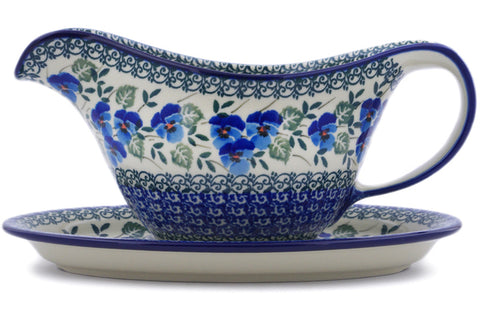Polish Pottery 20 oz Gravy Boat with Saucer Blue Pansy
