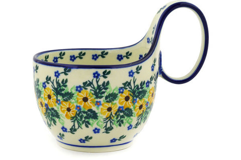 Polish Pottery 16 oz Bowl with Loop Handle Yellow Flower Wreath