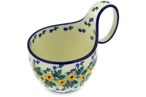 Polish Pottery 16 oz Bowl with Loop Handle Yellow Flower Wreath