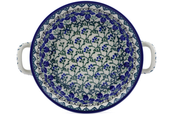 Polish Pottery 6½-inch Round Baker with Handles Blue Dogwood