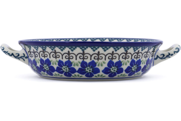 Polish Pottery 6½-inch Round Baker with Handles Blue Dogwood
