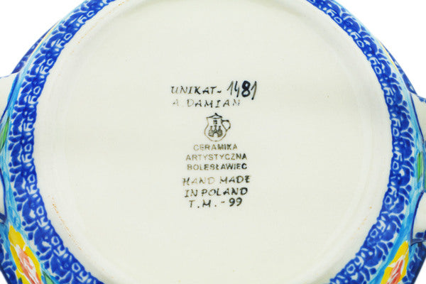 Polish Pottery 6½-inch Round Baker with Handles Matisse Flowers Golden UNIKAT