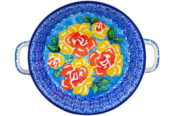 Polish Pottery 6½-inch Round Baker with Handles Matisse Flowers Golden UNIKAT