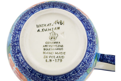 Polish Pottery 16 oz Bowl with Loop Handle Matisse Flowers Golden UNIKAT