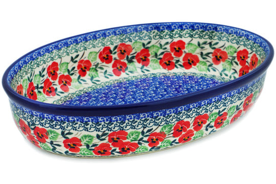 Polish Pottery 11" Oval Baker Red Pansy