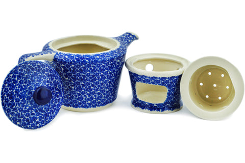 Polish Pottery 14 oz Tea or Coffe Pot with Heater Blue Bounty