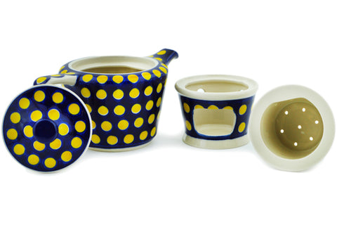 Polish Pottery 14 oz Tea or Coffe Pot with Heater Yellow Dots