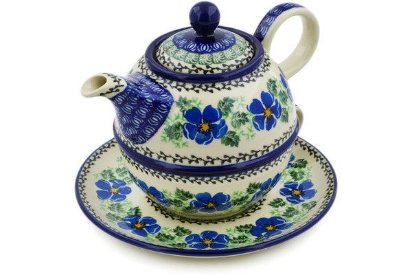 Polish Pottery 22 oz Tea Set for One Scarlet Pimpernel Flower
