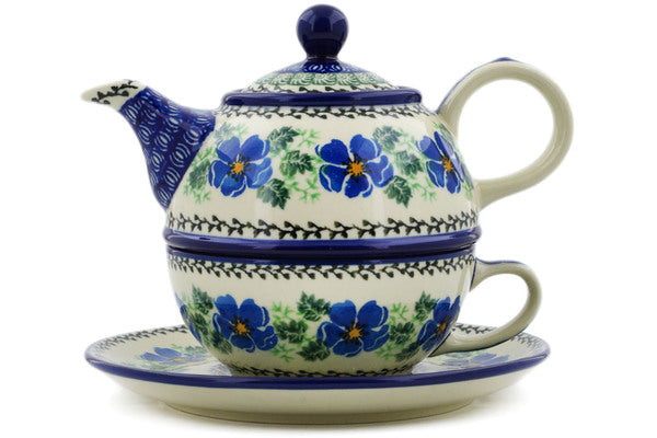 Polish Pottery 22 oz Tea Set for One Scarlet Pimpernel Flower