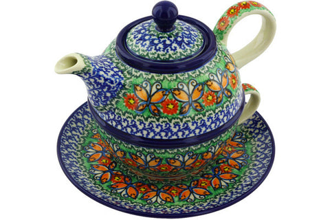 Polish Pottery 22 oz Tea Set for One Butterfly Chain UNIKAT