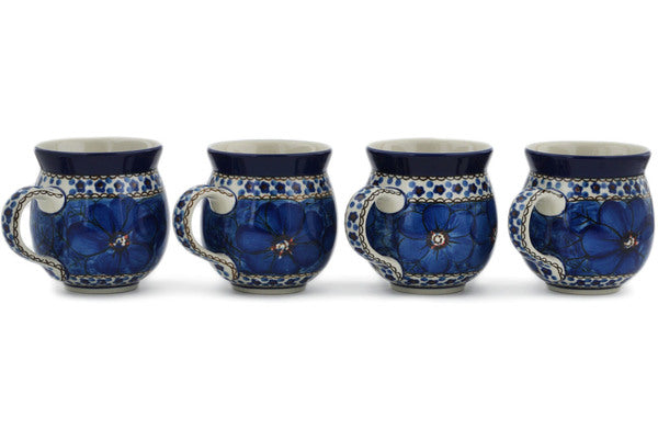 Polish Pottery Set of Four 12 oz Bubble Mugs Cobalt Poppies UNIKAT