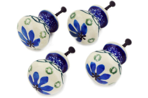 Polish Pottery Set of 4 Drawer Pull Knobs Blue Fan Flowers