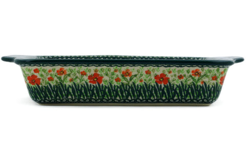 Polish Pottery 9½-inch Rectangular Baker with Handles Red Garden UNIKAT
