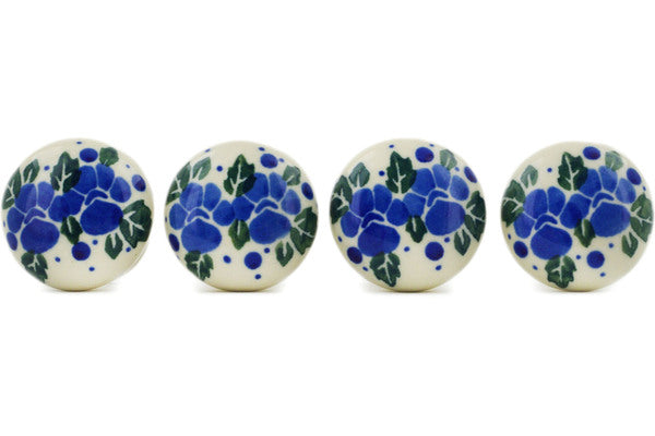 Polish Pottery Set of 4 Drawer Pull Knobs Blue Speckle Garland