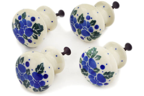Polish Pottery Set of 4 Drawer Pull Knobs Blue Speckle Garland