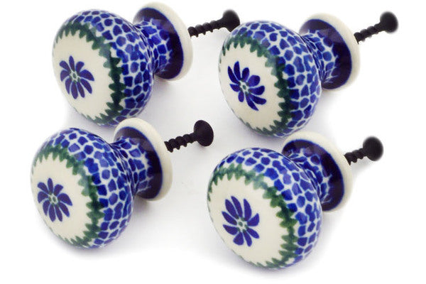 Polish Pottery Set of 4 Drawer Pull Knobs Polka Dot Daisy