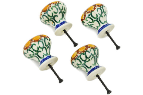 Polish Pottery Set of 4 Drawer Pull Knobs Blue Leaves