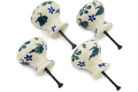 Polish Pottery Set of 4 Drawer Pull Knobs Blue Camellia