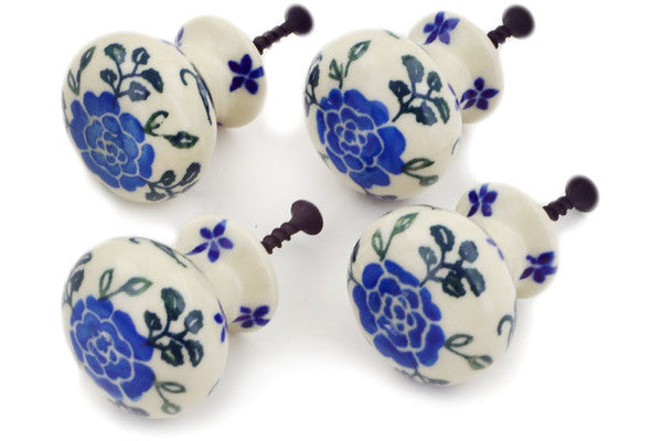 Polish Pottery Set of 4 Drawer Pull Knobs Blue Camellia