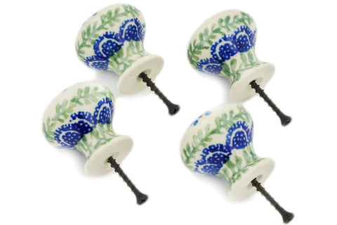Polish Pottery Set of 4 Drawer Pull Knobs Blue Tulip