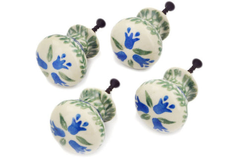 Polish Pottery Set of 4 Drawer Pull Knobs Blue Tulip