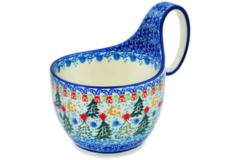 Polish Pottery 16 oz Bowl with Loop Handle Glowing Christmas Trees UNIKAT