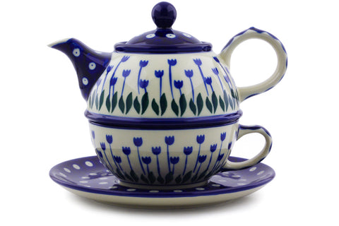 Polish Pottery 22 oz Tea Set for One Blue Tulip Peacock