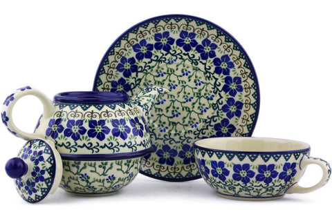 Polish Pottery 22 oz Tea Set for One Blue Dogwood