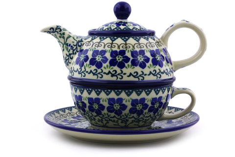 Polish Pottery 22 oz Tea Set for One Blue Dogwood